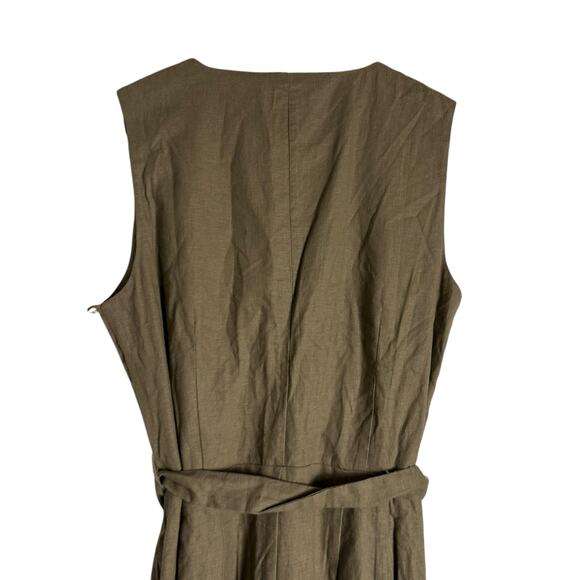 Tahari Olive Green Linen Blend Sleeveless V-Neck Belted Tie Waist Jumpsuit 4 - Picture 6 of 9